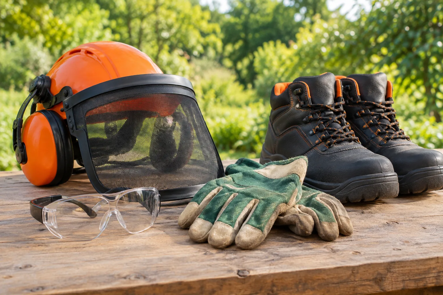 Casque, visière, lunettes, gants et chaussures de sécurité.