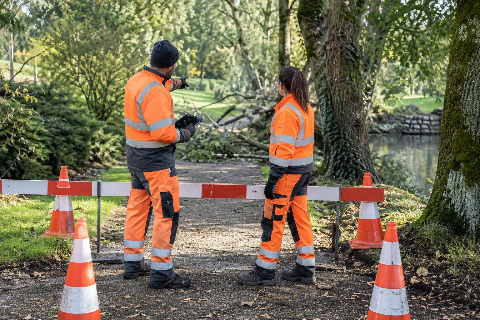 Illustration de professionnels observant une zone de travail balisée