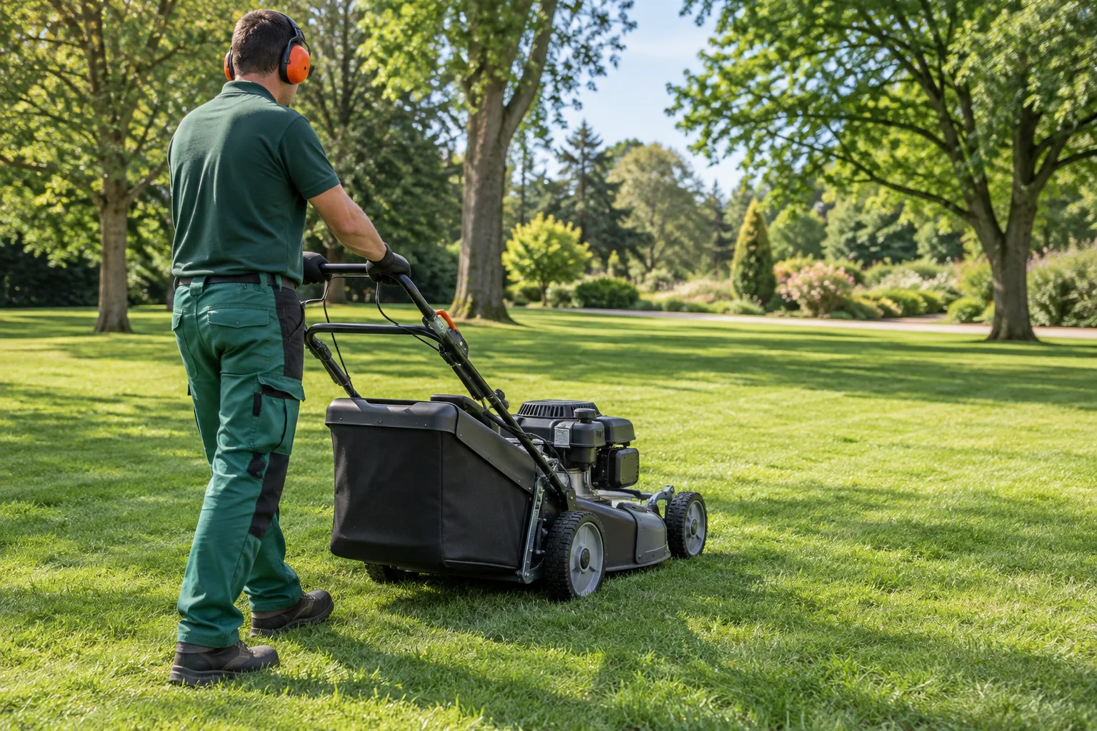 Agent utilisant une tondeuse dans un parc.