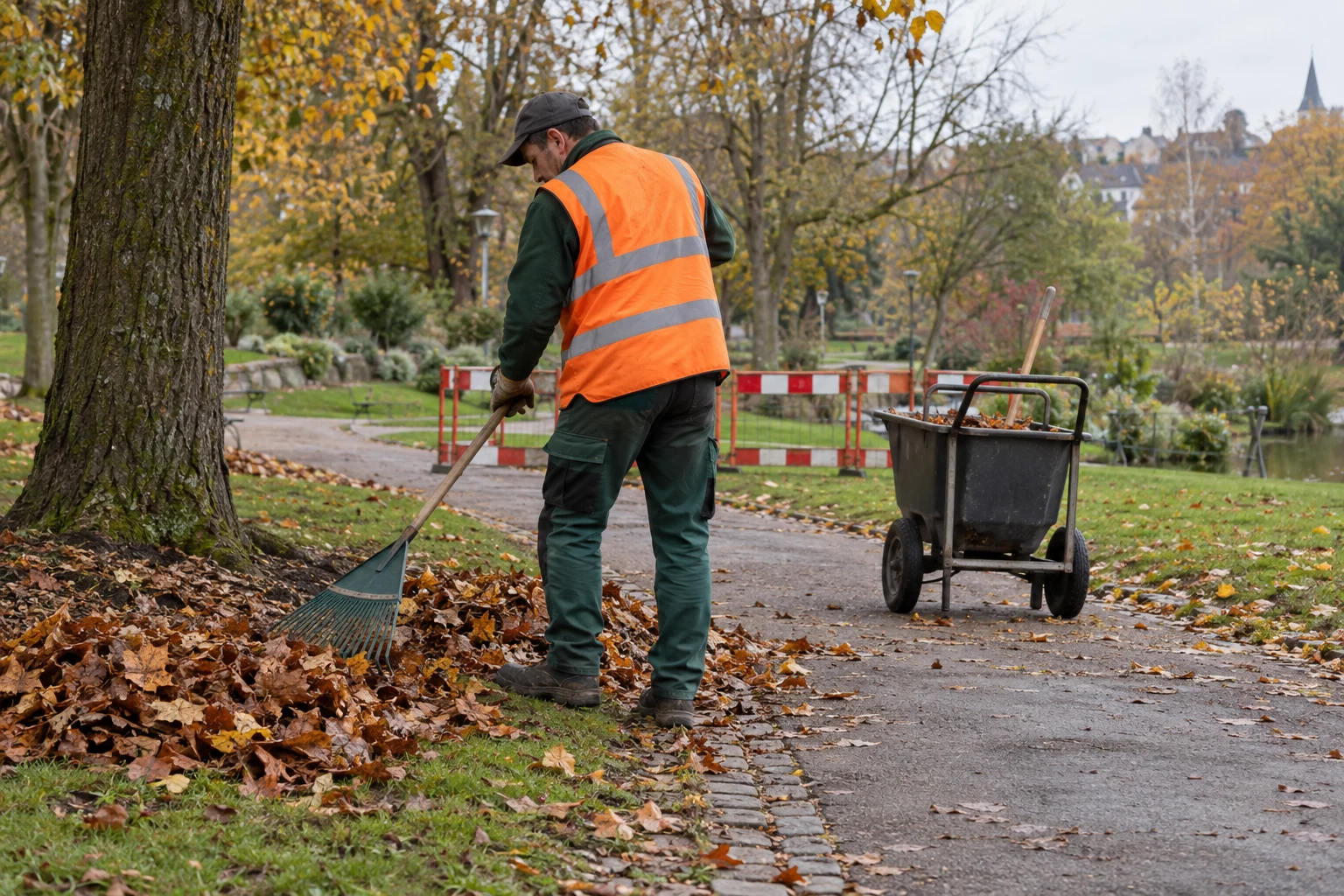 Illustration d’un agent ramassant des feuilles d’automne avec un râteau dans une zone balisée
